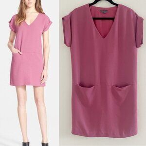 Vince Rolled Sleeve Shift Dress Pocket V-Neck Teaberry Lined Sz S